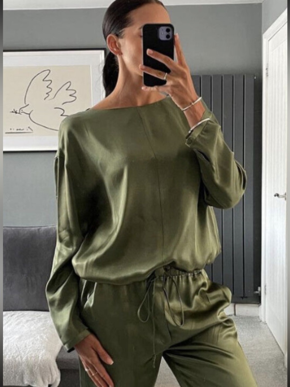 Zara Tie Waist Long Sleeve Satin Top - Soft Academia Polished Olive Green